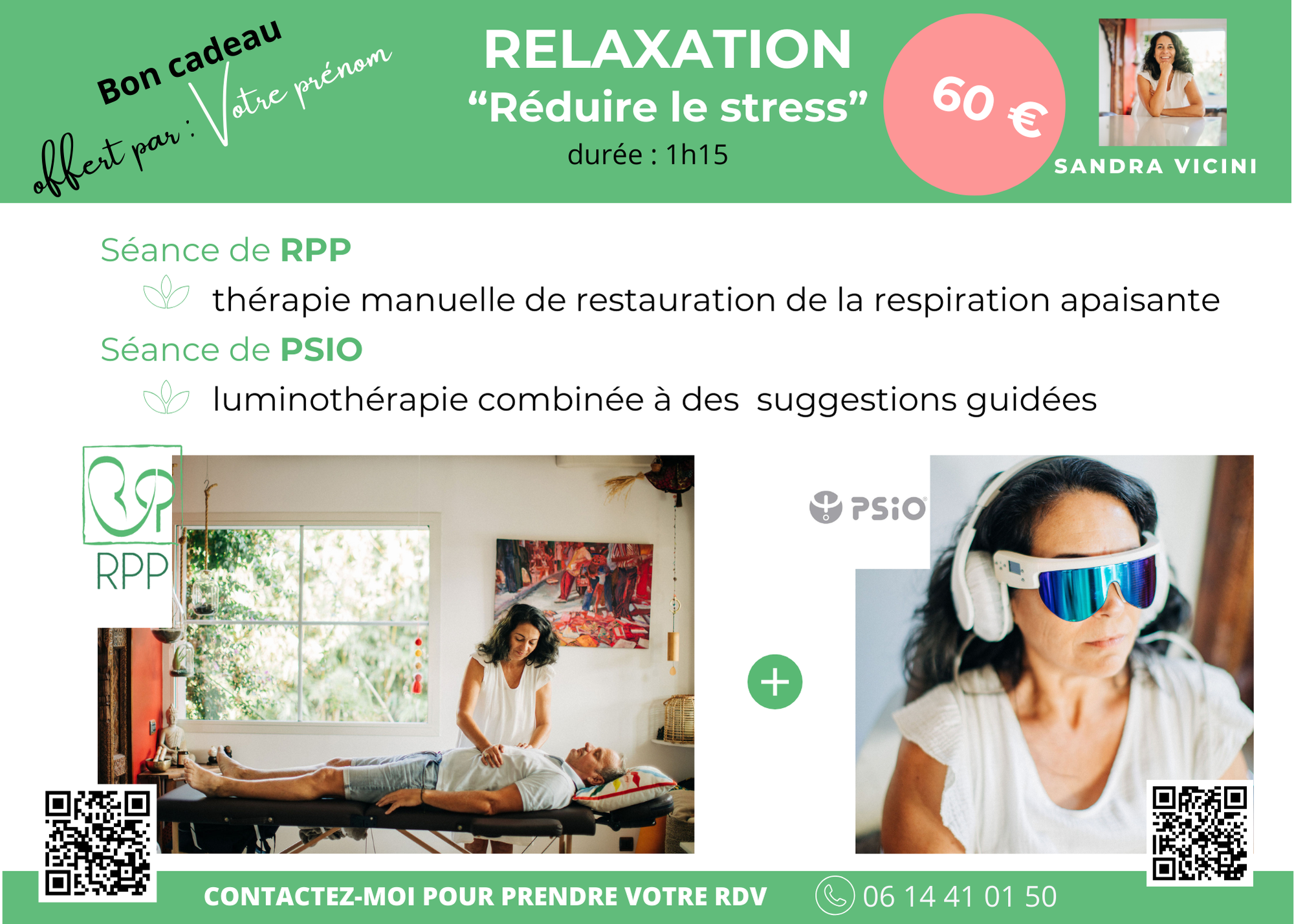 Bon cadeau - 1h15 RELAXATION Réduire le stress (RPP+PSIO)